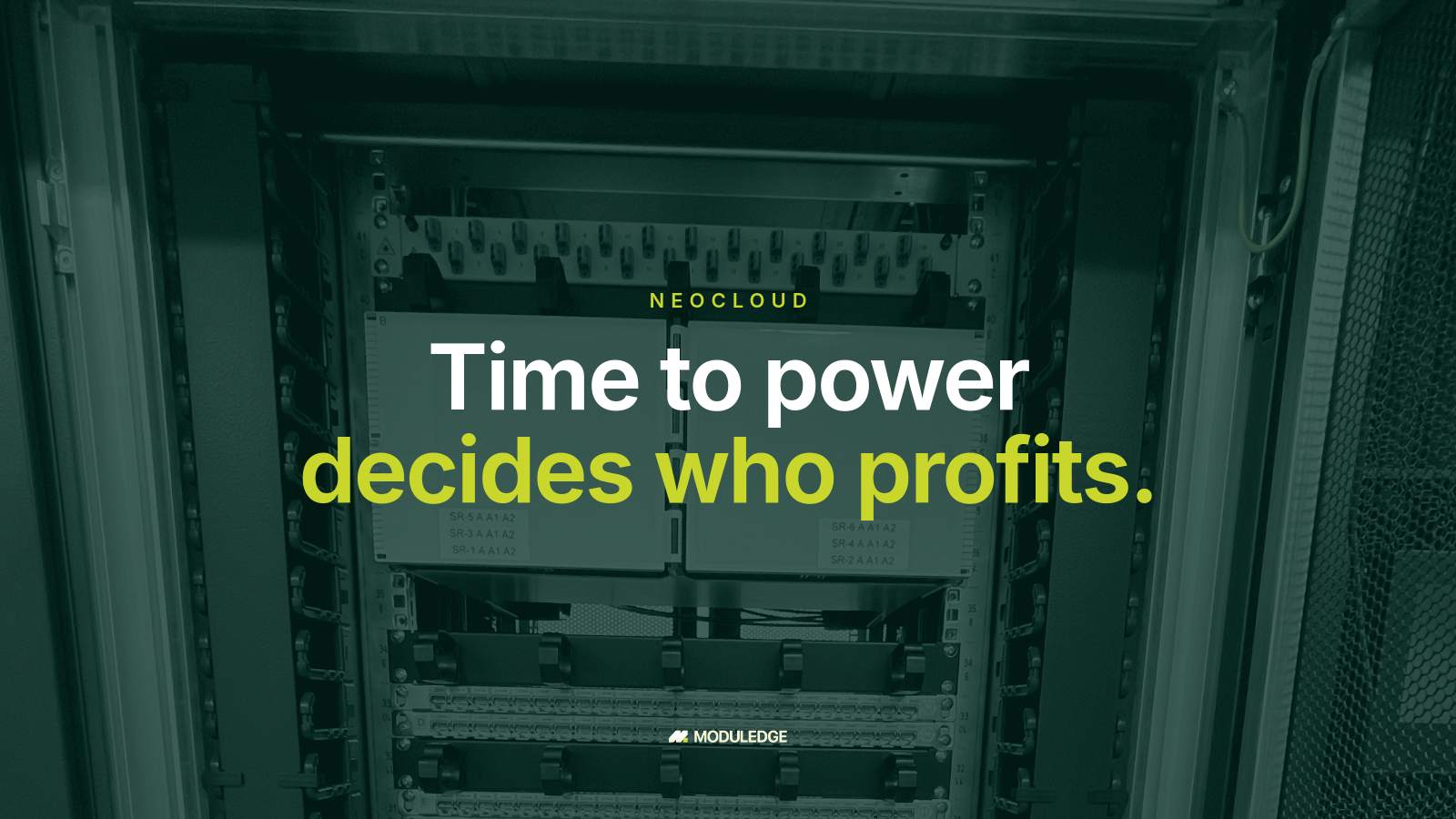 Open server rack with network equipment and patching, with the headline "Time to power decides who profits."